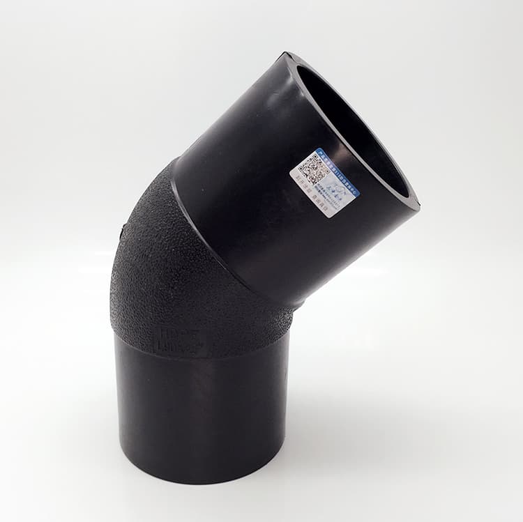 A 45° elbow with its label and moulded marking, the same detail that appears on the certificate